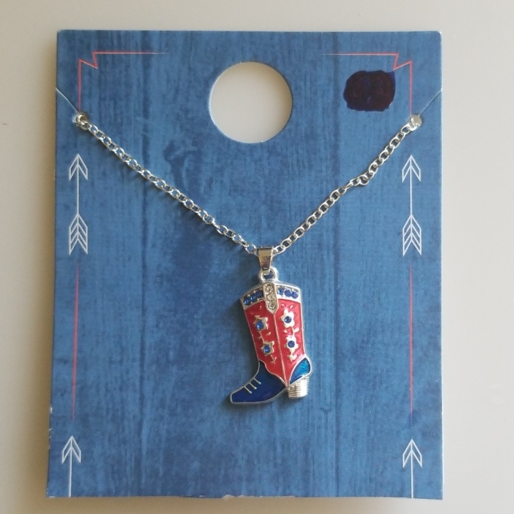 Red and Blue silver cowboy boot necklace